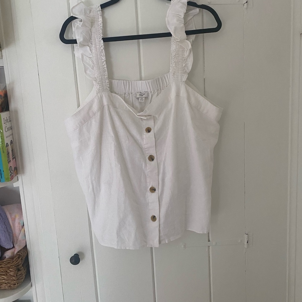 J. Crew White Button-Front Ruffle Strap Tank Top
